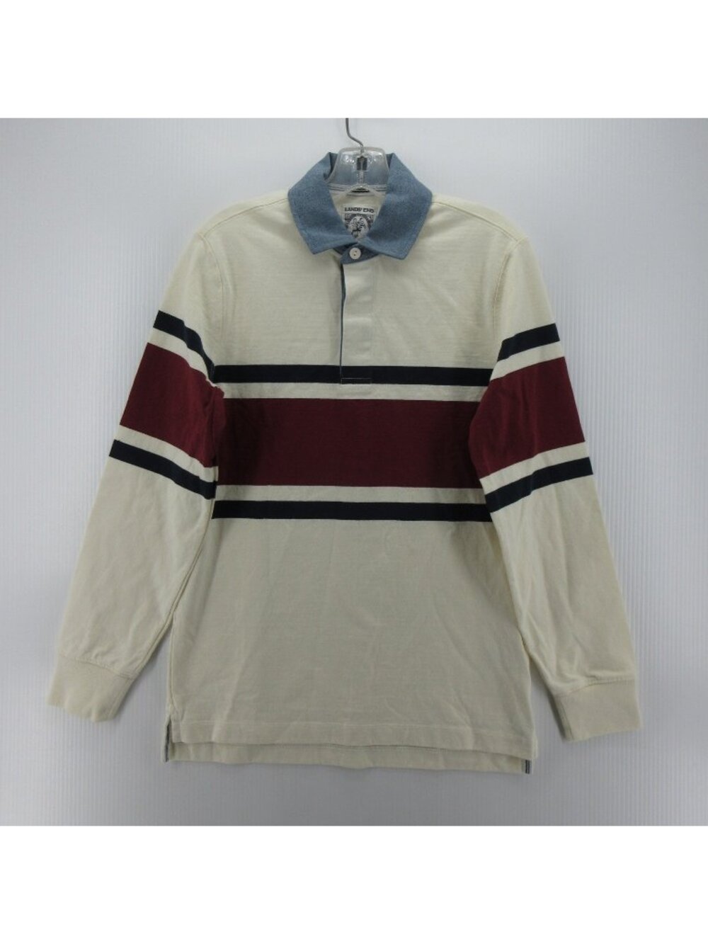 Lands End Rugby Polo Shirt XS White Pullover Striped Preppy Knit